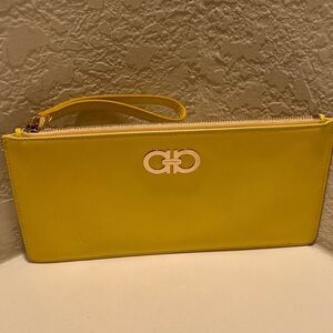 Salvatore Ferragamo Zip Top Wristlet Strap Pouch Yellow Leather Fall Statement